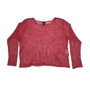 Eileen Fisher System Size Large Sweater Knit Fishnet Boxy Coral Red 100% Linen